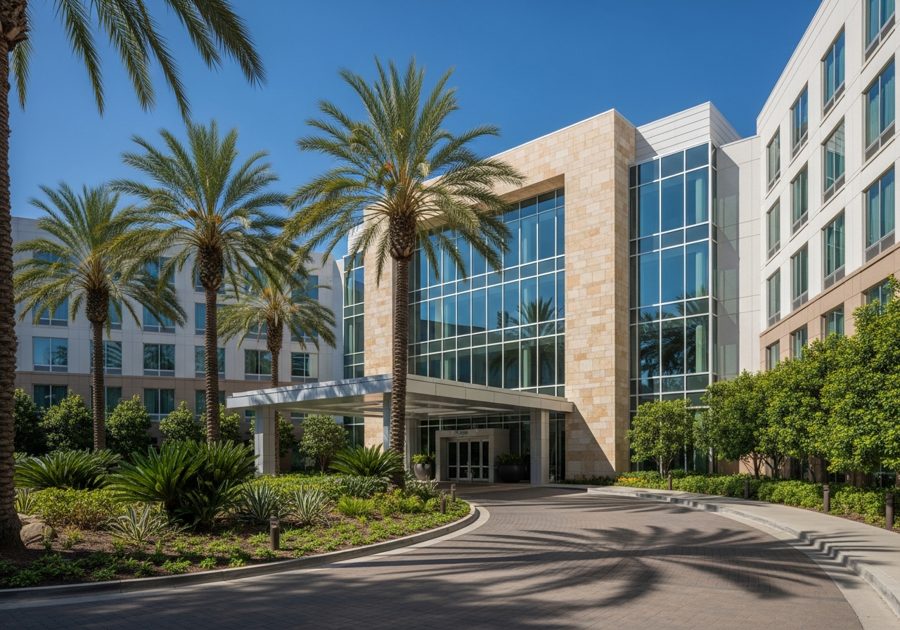 Sunny contemporary hotel exterior with palm-lined entrance