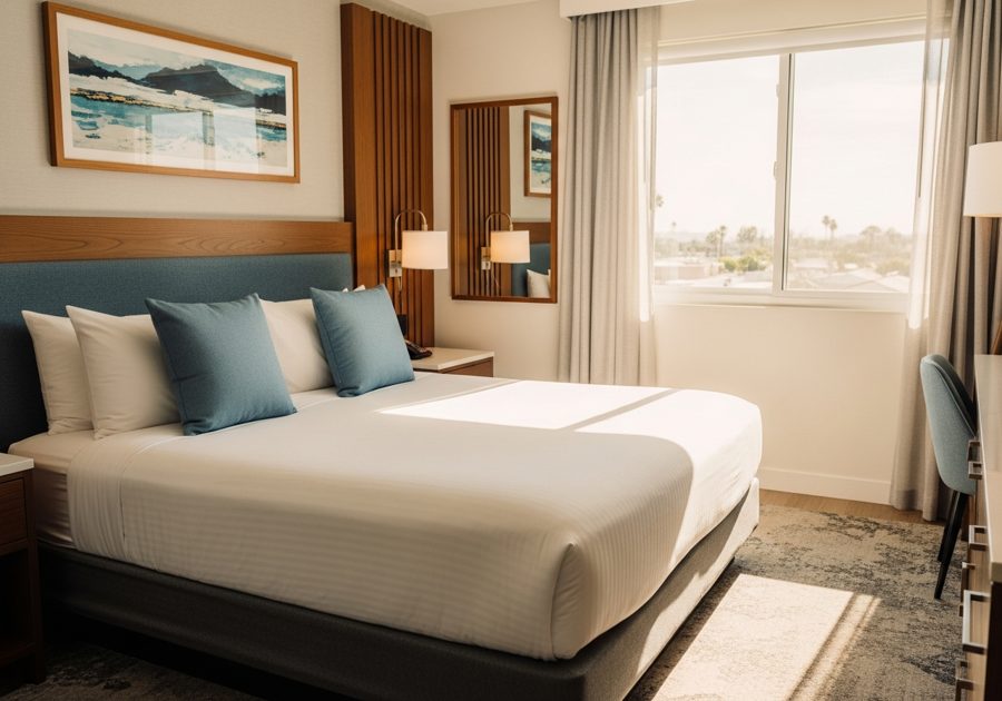 Bright modern hotel guest room with a king bed near the conference venue