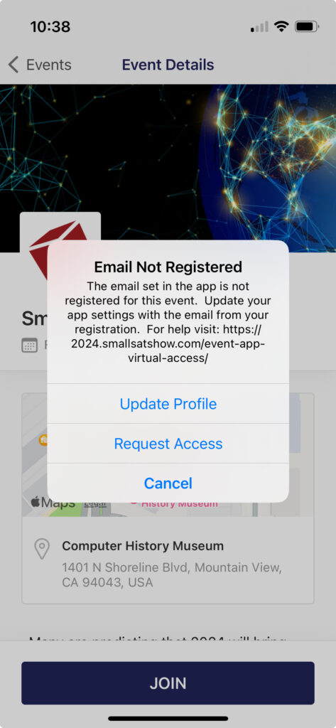 Email Not Registered message in the app